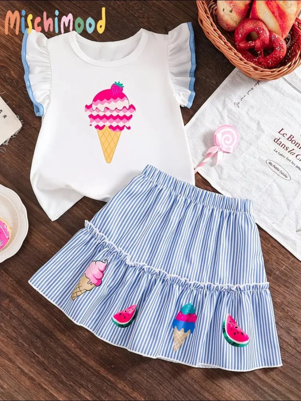 Girls Blue Stripe Skirt & White Ice Cream Tee Set